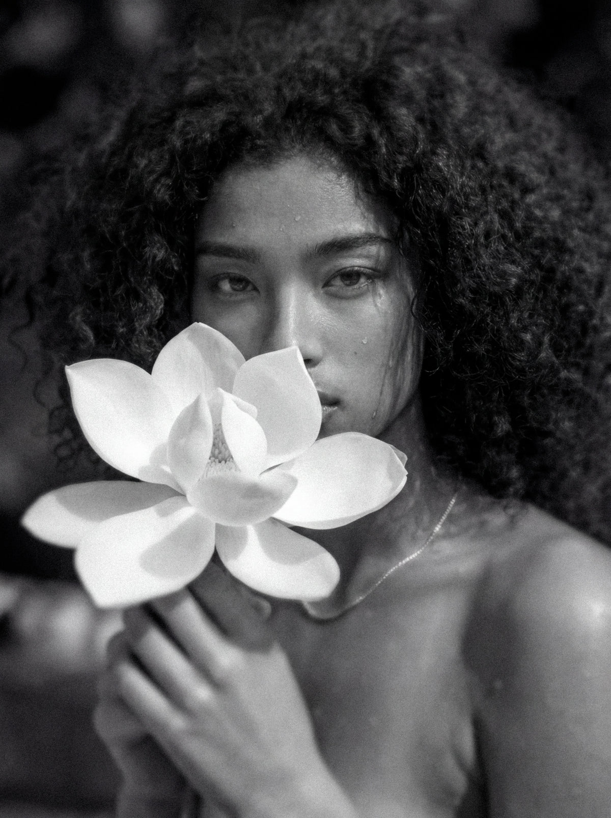 Woman with a full head of natural curls holding a white flower, in black and white