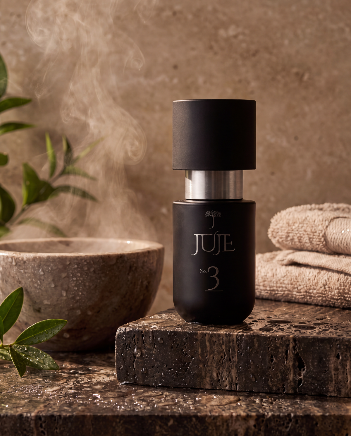 Juje No. 3 Scalp Elixir, a leave-in scalp treatment, on dark stone beside a steaming stone bowl, green leaves, and folded towels