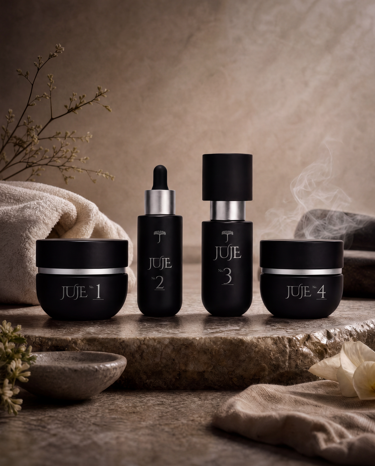 The four Juje scalp care products, No. 1 through No. 4, on a stone slab in a dimly lit spa setting with towels and dried blossoms