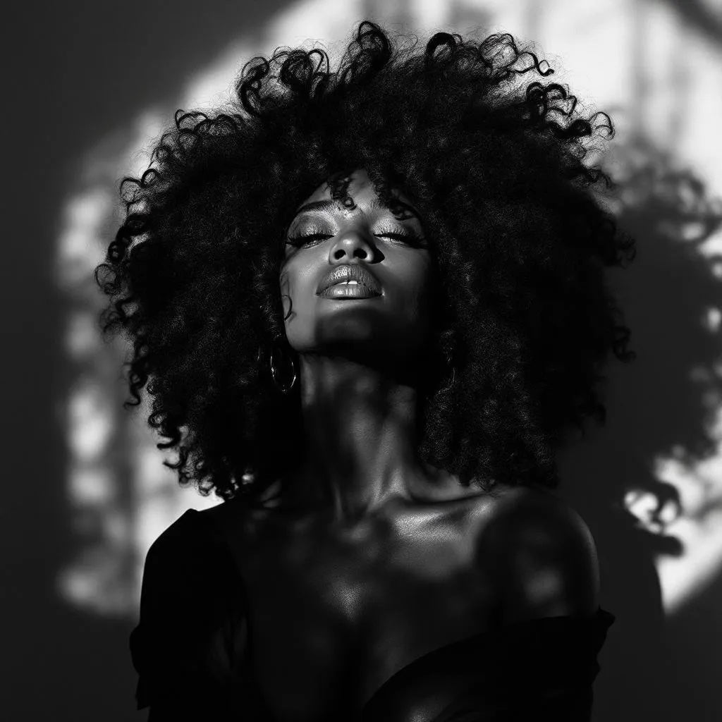Woman with a full natural afro, eyes closed, lit by a soft circle of light: Juje luxury scalp care for textured hair